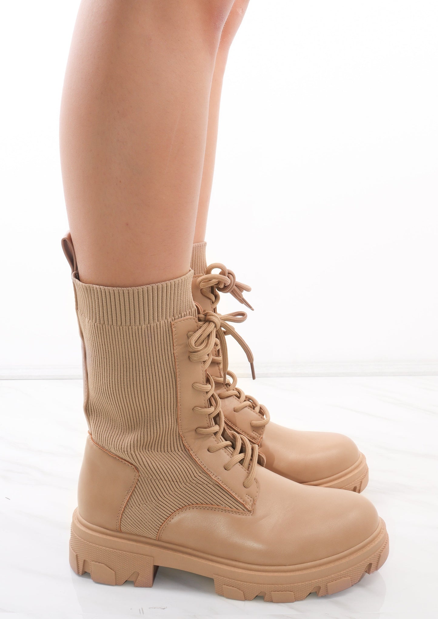 Load image into Gallery viewer, Beige Lace Up Faux Leather Sock Boots
