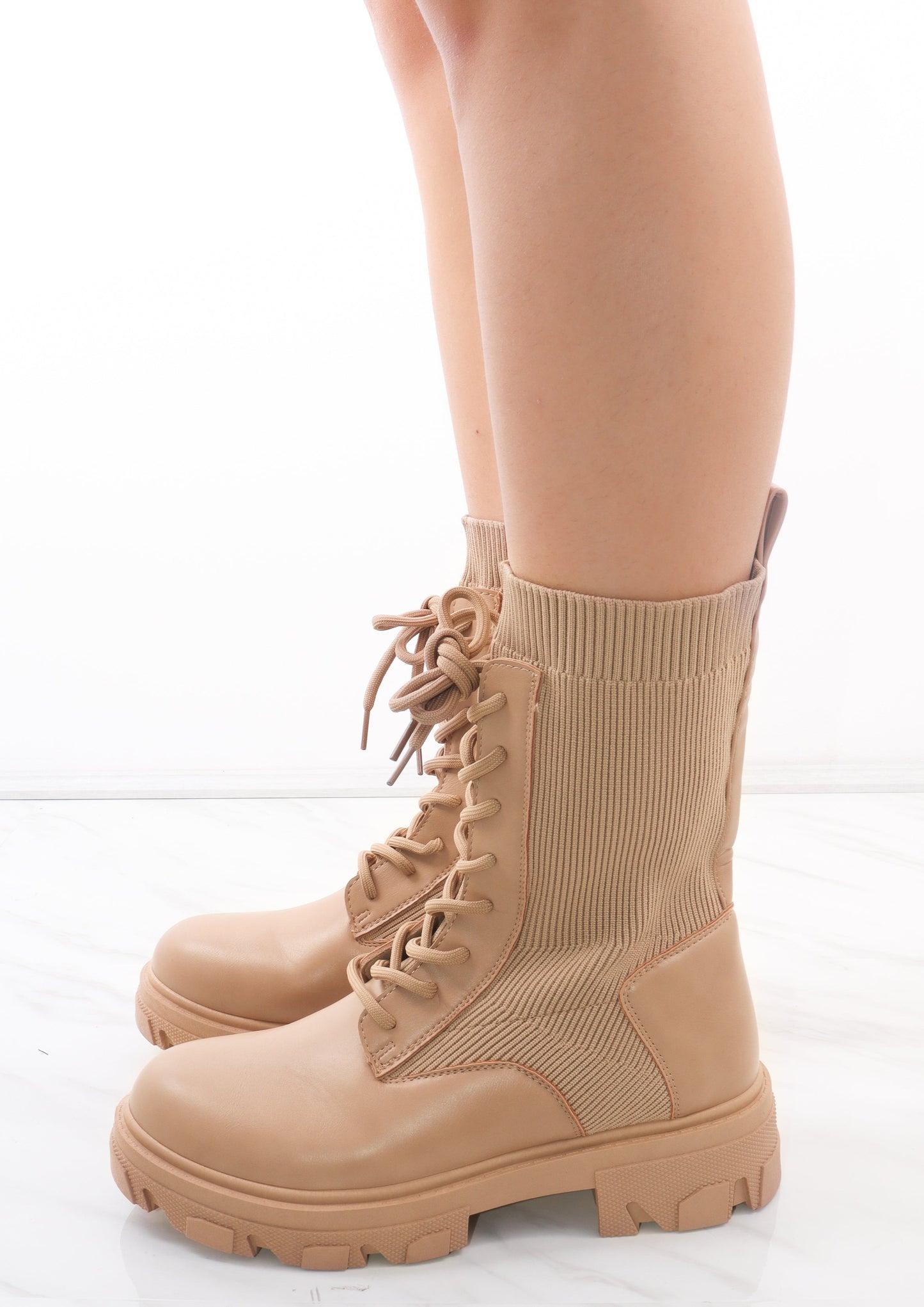 Load image into Gallery viewer, Beige Lace Up Faux Leather Sock Boots
