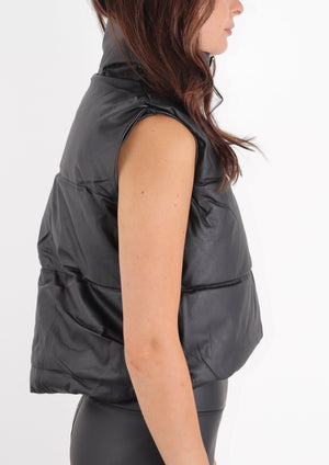 Black Cropped Faux Leather Puffer Gilet