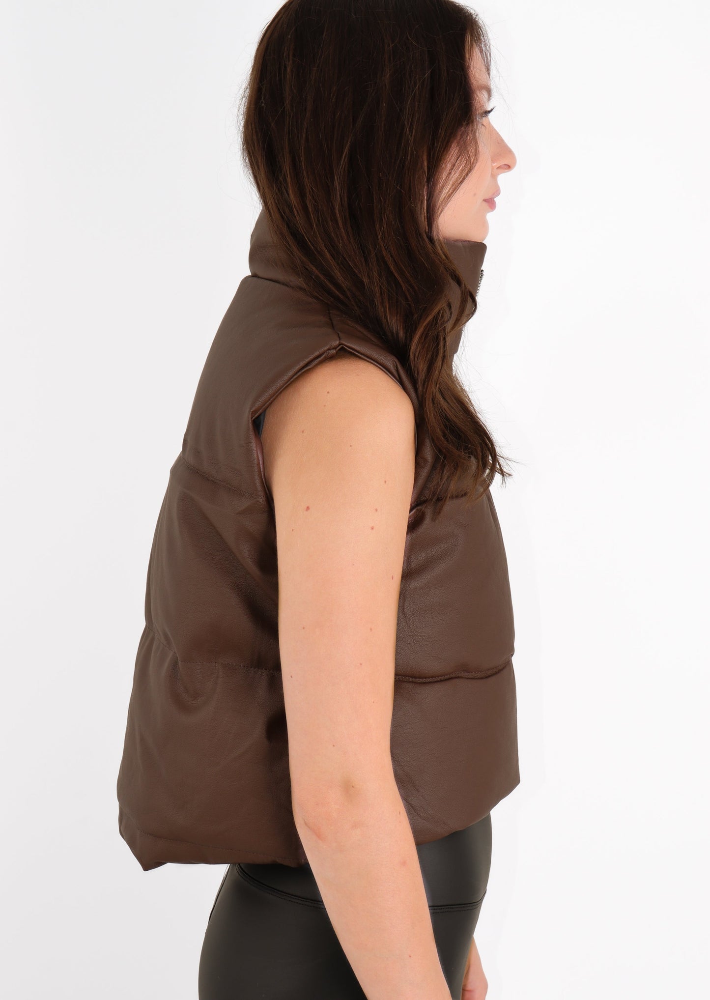 Brown Cropped Faux Leather Puffer Gilet