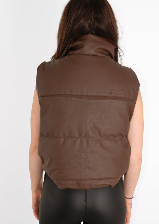 Brown Cropped Faux Leather Puffer Gilet