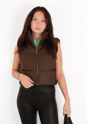 
            
                Load image into Gallery viewer, Brown Cropped Faux Leather Puffer Gilet
            
        