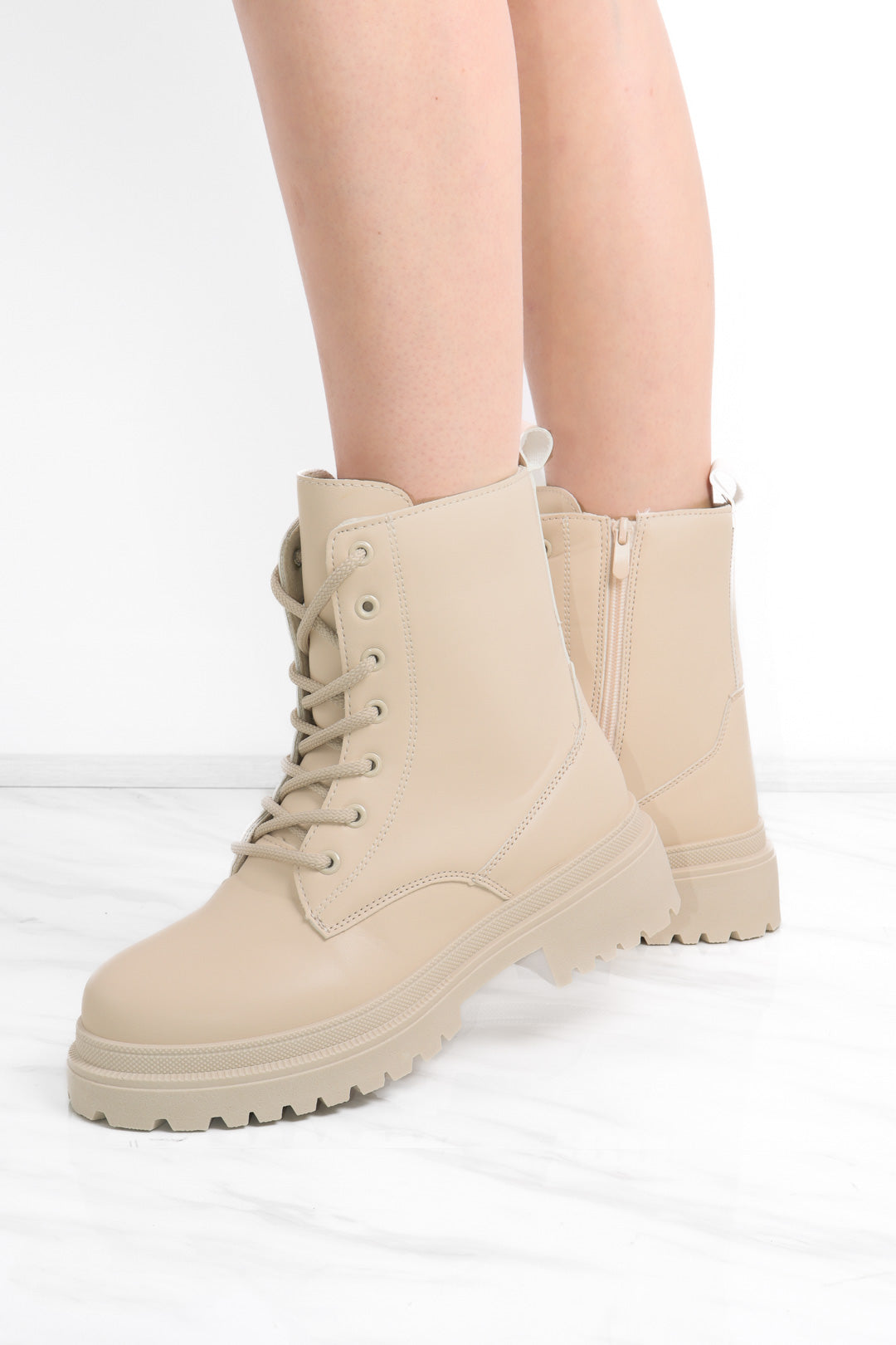 Beige Matte Faux Leather Side Zip Lace Up Boot