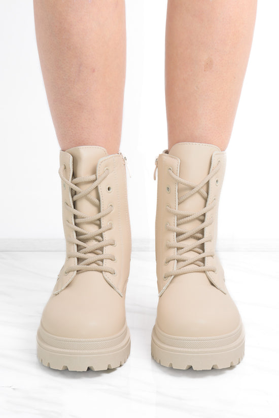 Beige Matte Faux Leather Side Zip Lace Up Boot