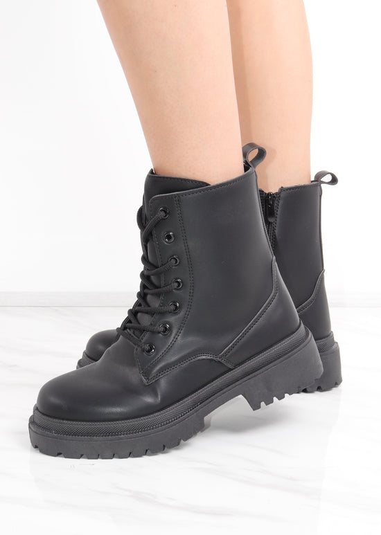 Black Matte Faux Leather Side Zip Lace Up Boot