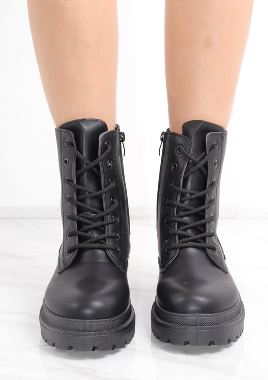 Black Matte Faux Leather Side Zip Lace Up Boot