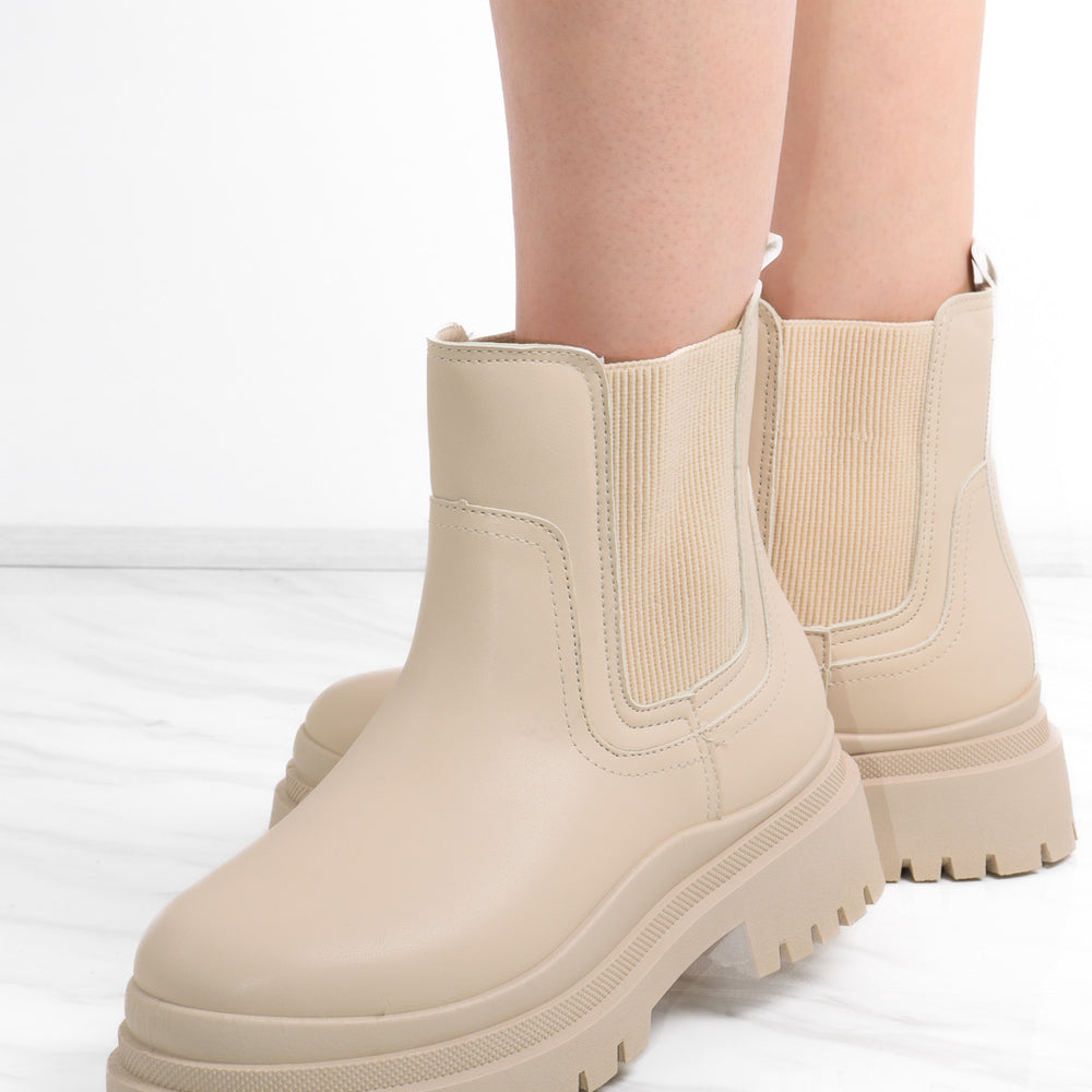 Beige Ankle Short Chelsea Platform Boots