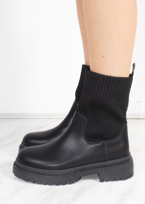 Black Chunky Faux Leather Sock Boot