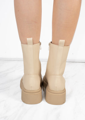 Beige PU Double Cleated Sole Zip Front Ankle Boots