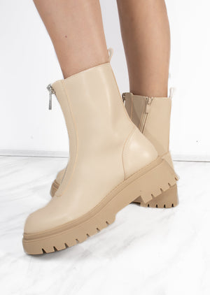 Beige PU Double Cleated Sole Zip Front Ankle Boots