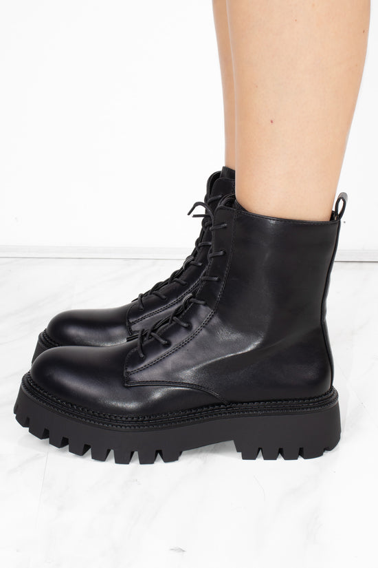 Black Lace Up Chunky Short Platform Ankle Boots