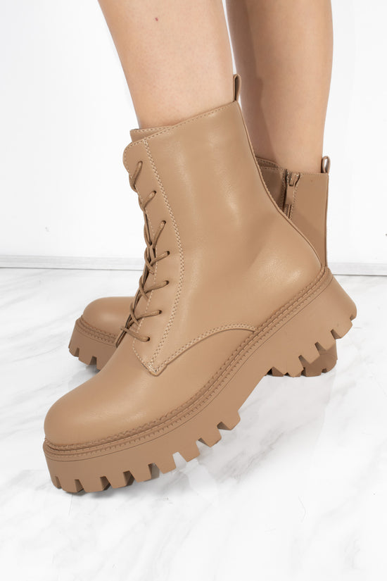 Camel Lace Up Chunky Short Platform Ankle Boots