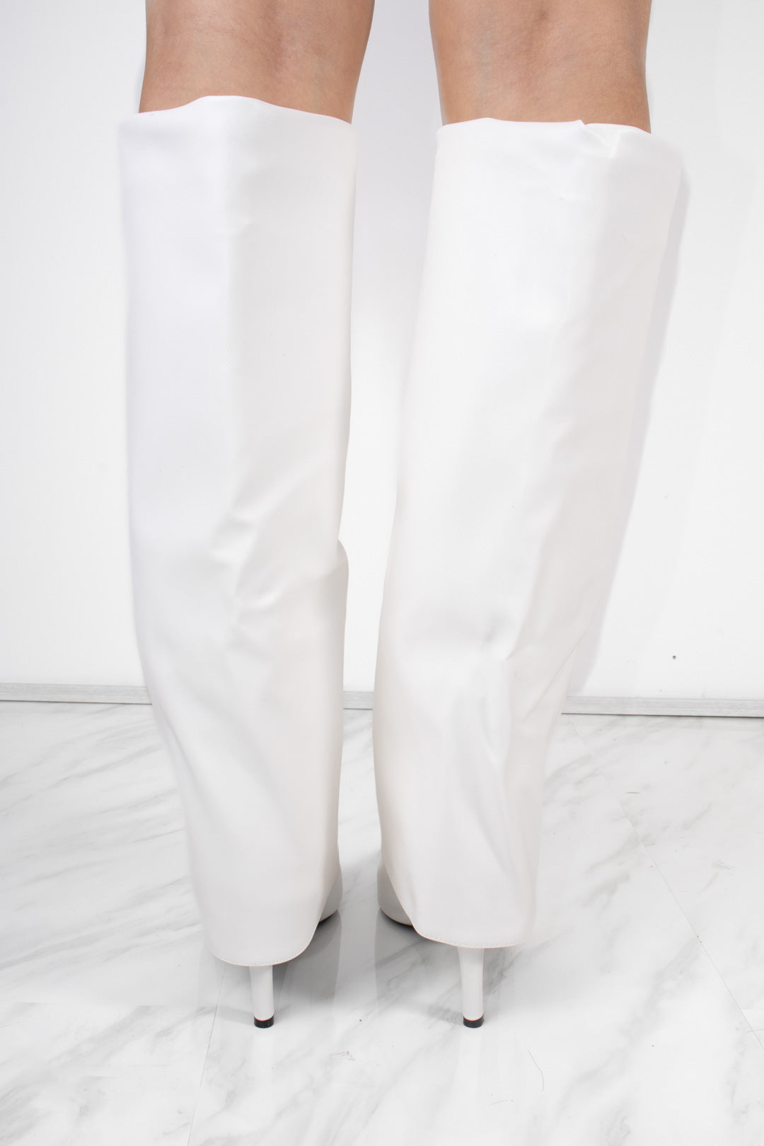 White Stiletto Leather Fold Over Shark Buckle Knee High Boot