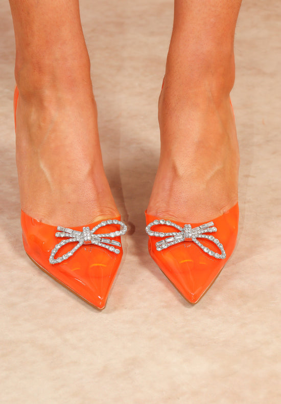Orange Silver Bow Perspex Sling Back High Heels