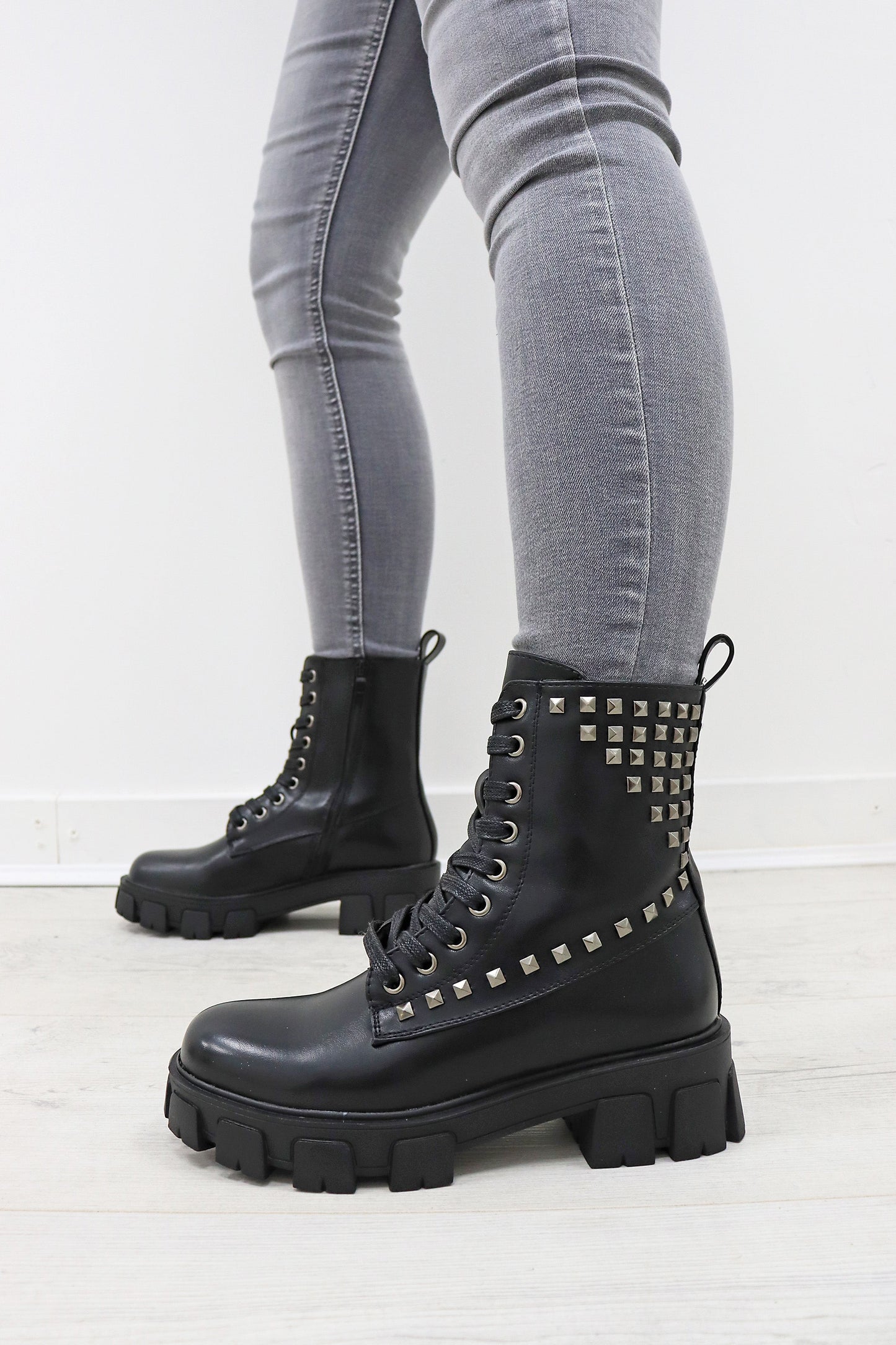 CHUNKY SOLE BLACK STUDDED LACE UP ANKLE BOOT