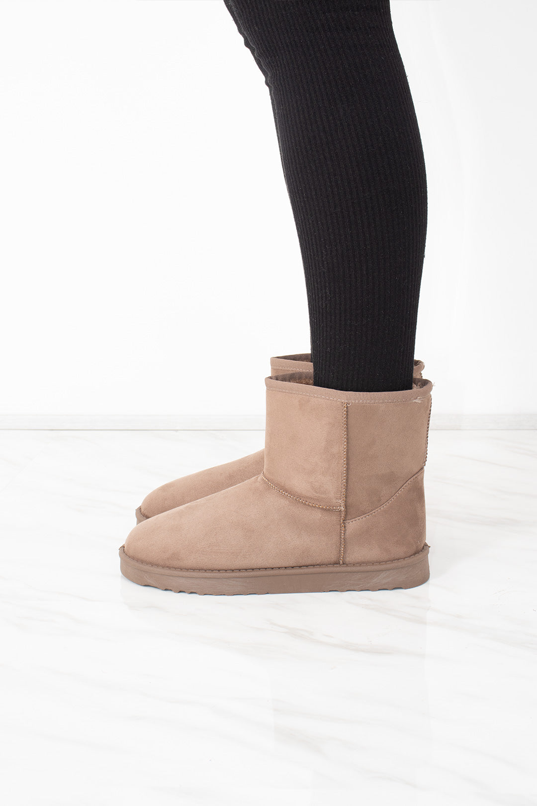 Taupe Faux Suede Fur Lined Mini Ankle Boots