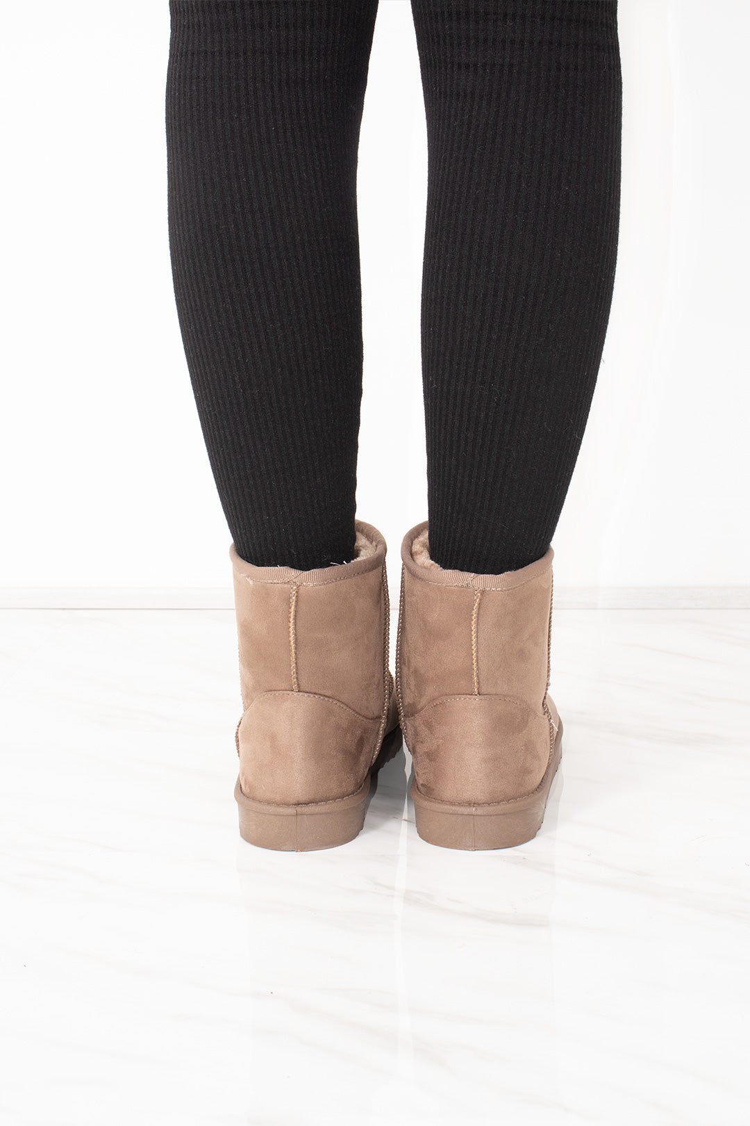 Taupe Faux Suede Fur Lined Mini Ankle Boots
